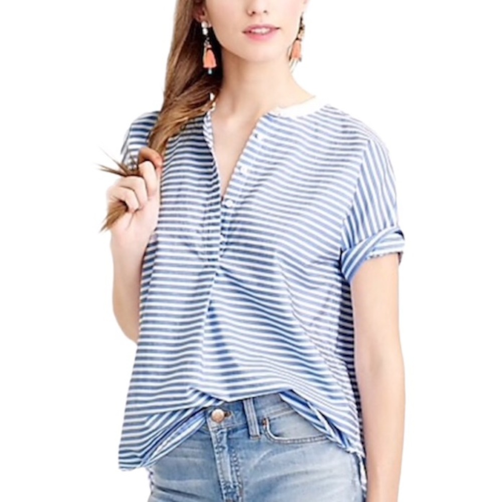 New J. CREW Striped Collarless Popover Shirt Cotton Short Sleeve Blue White XXS